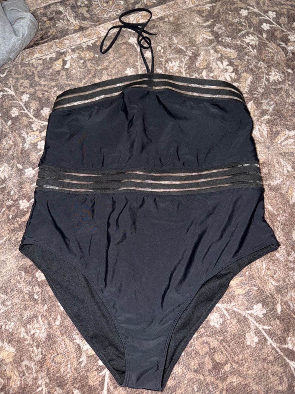 Black One-Piece Swimsuit with Sheer Stripe Accents